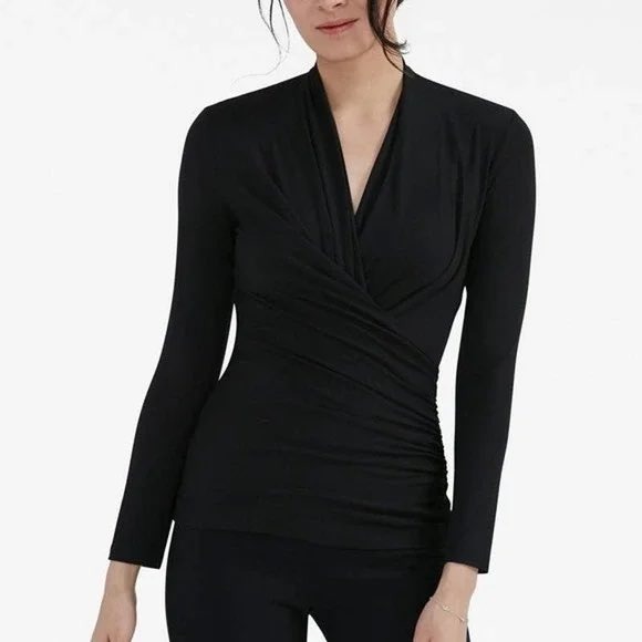 MM LaFleur The Fey Black Ruched Long Sleeve Top Deep V Neck Blouse small - Picture 1 of 11